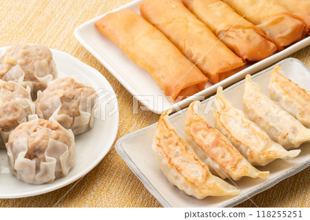 A set of spring rolls, dumplings and shumai dim sum 118255251
