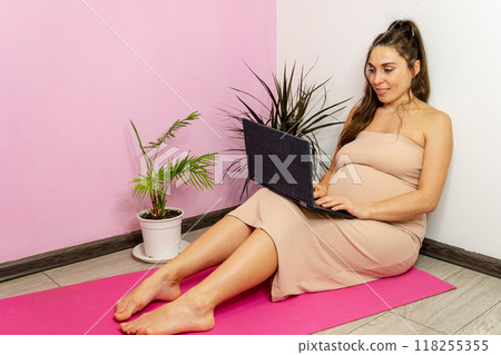 Pregnant Woman in Home Office with Laptop Pregnant Woman in Home Office with Laptop 118255355