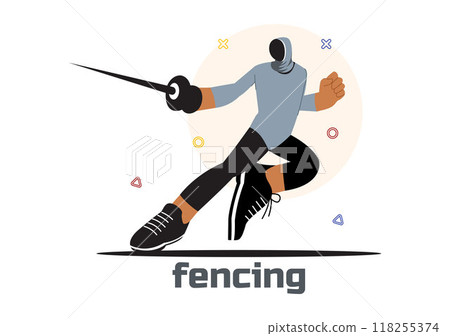 Fencing Player Sport Vector Illustration featuring a Fencer Competing on the Piste in a Sword Duel Competition Event with a Flat Cartoon Background Fencing Player Sport Vector Illustration featuring a Fencer Competing on the Piste in a Sword Duel Competition Event with a Flat Cartoon Background 118255374