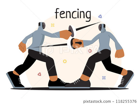 Fencing Player Sport Vector Illustration featuring a Fencer Competing on the Piste in a Sword Duel Competition Event with a Flat Cartoon Background Fencing Player Sport Vector Illustration featuring a Fencer Competing on the Piste in a Sword Duel Competition Event with a Flat Cartoon Background 118255376