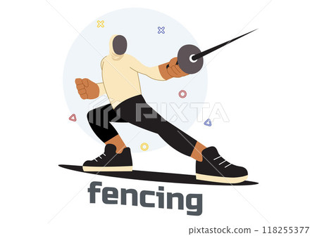 Fencing Player Sport Vector Illustration featuring a Fencer Competing on the Piste in a Sword Duel Competition Event with a Flat Cartoon Background Fencing Player Sport Vector Illustration featuring a Fencer Competing on the Piste in a Sword Duel Competition Event with a Flat Cartoon Background 118255377