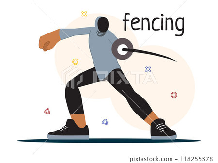Fencing Player Sport Vector Illustration featuring a Fencer Competing on the Piste in a Sword Duel Competition Event with a Flat Cartoon Background Fencing Player Sport Vector Illustration featuring a Fencer Competing on the Piste in a Sword Duel Competition Event with a Flat Cartoon Background 118255378