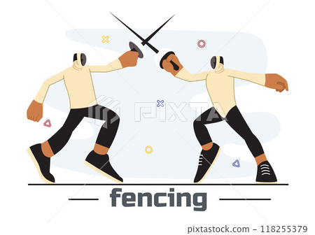 Fencing Player Sport Vector Illustration featuring a Fencer Competing on the Piste in a Sword Duel Competition Event with a Flat Cartoon Background Fencing Player Sport Vector Illustration featuring a Fencer Competing on the Piste in a Sword Duel Competition Event with a Flat Cartoon Background 118255379