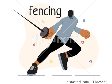 Fencing Player Sport Vector Illustration featuring a Fencer Competing on the Piste in a Sword Duel Competition Event with a Flat Cartoon Background Fencing Player Sport Vector Illustration featuring a Fencer Competing on the Piste in a Sword Duel Competition Event with a Flat Cartoon Background 118255380