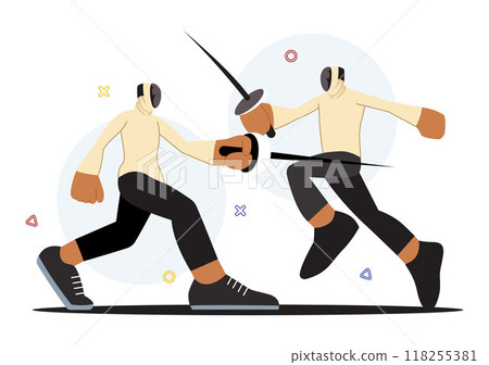 Fencing Player Sport Vector Illustration featuring a Fencer Competing on the Piste in a Sword Duel Competition Event with a Flat Cartoon Background 118255381