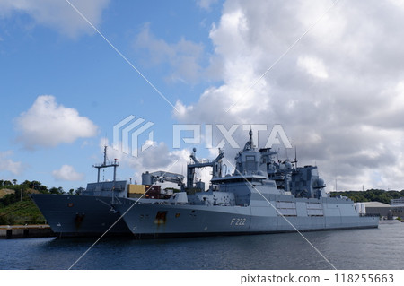 German Navy frigate Baden-Wurttemberg, anchored in Nagaura Port. German Navy frigate Baden-Wurttemberg, anchored in Nagaura Port. 118255663