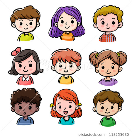 Cartoon children avatars set. Cute face of boys and girls with different hairstyles, skin colors and ethnicities 118255680
