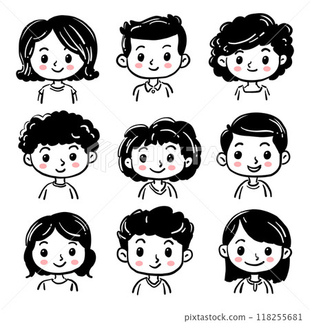 Cartoon children avatars set. Cute face of boys and girls with hand drawn style. Vector illustration 118255681