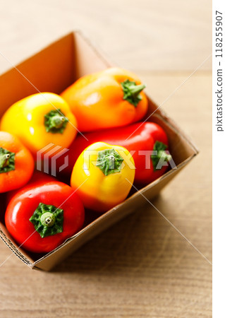 Colorful Sweet Pepper Chili, Baby Small Bell Pepper on wooden background Colorful Sweet Pepper Chili, Baby Small Bell Pepper on wooden background 118255907