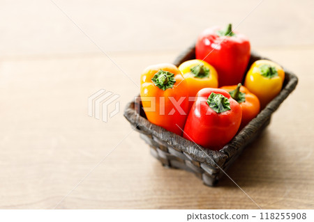 Colorful Sweet Pepper Chili, Baby Small Bell Pepper on wooden background Colorful Sweet Pepper Chili, Baby Small Bell Pepper on wooden background 118255908