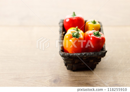Colorful Sweet Pepper Chili, Baby Small Bell Pepper on wooden background Colorful Sweet Pepper Chili, Baby Small Bell Pepper on wooden background 118255910