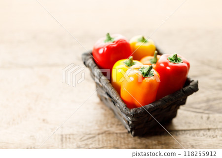 Colorful Sweet Pepper Chili, Baby Small Bell Pepper on wooden background 118255912