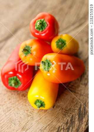 Colorful Sweet Pepper Chili, Baby Small Bell Pepper on wooden background 118255919