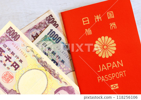 Japan passport, Japanese yen money banknotes, cash issued by Nippon Ginko Bank Japan passport, Japanese yen money banknotes, cash issued by Nippon Ginko Bank 118256106