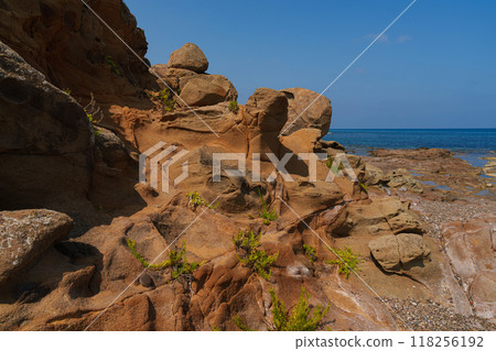 Red Sandstone Cliff by the Sea with Vegetation and Clear Sky 118256192