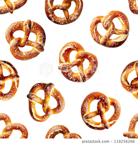 Seamless pattern of realistic Bavarian pretzels on a transparent background perfect for festive themes and culinary designs. 118256266