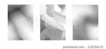 Black and white grunge halftone gradient collection. Gritty sand noise texture set. Retro dotted pixel backdrop pack. Comic polka dot overlay with raster effect for banner, poster, flyer. Vector 118256272