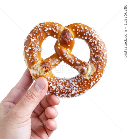 A hand holding a freshly baked German pretzel with coarse salt isolated on a transparent background. 118256286