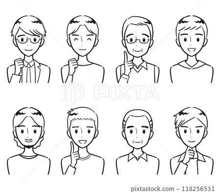 不同年齡的成年男性、正面的手勢和臉部表情、圖標集(畫線) 不同年齡的成年男性、正面的手勢和臉部表情、圖標集(畫線) 118256531