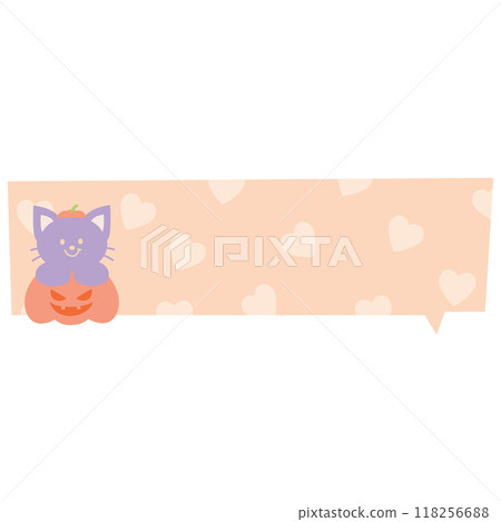 Illustration of Halloween text bubble with cat and pumpkin on orange heart background for decoration, text, message, speech, chatting, dialogue, cartoon, comic, masking tape, sticker, print, campaign 118256688