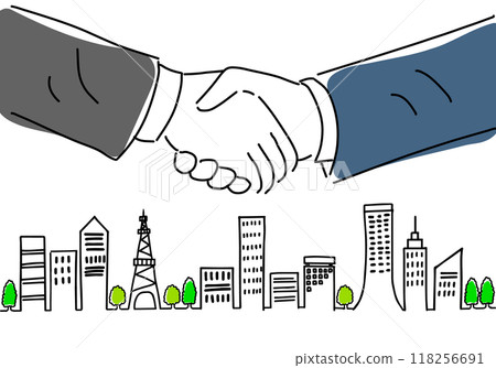 辦公室工作人員握手和城市景觀的粗手繪圖 118256691
