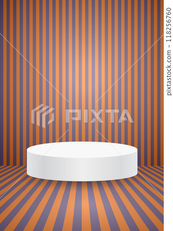 White blank podium stand to show product on orange and violet color striped background for halloween theme concept, Vector illustration 118256760