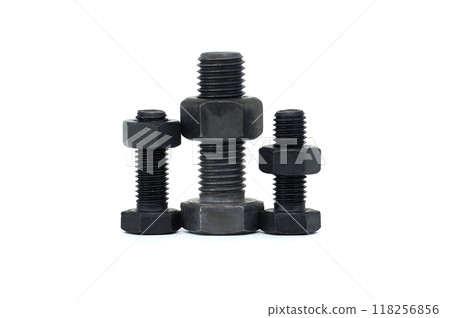 Assorted metal bolts and nuts isolated on white background Assorted metal bolts and nuts isolated on white background 118256856