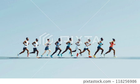 Determined Marathon Runners Racing Towards Finish Line on Simple Background. Determined Marathon Runners Racing Towards Finish Line on Simple Background. 118256986