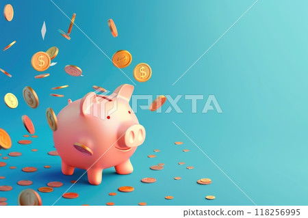 A happy piggy bank with flying coin, Concept of saving money and smart investments 118256995