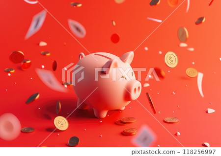 A happy piggy bank with flying coin on red tone background, Concept of saving money and smart investments 118256997
