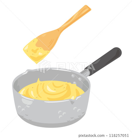 Custard cream in a pot and a wooden spatula 118257051
