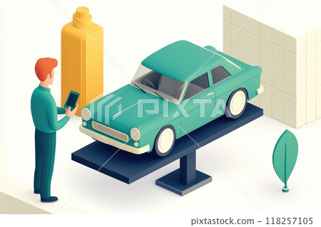 A man is standing next to a car on a lift A man is standing next to a car on a lift 118257105