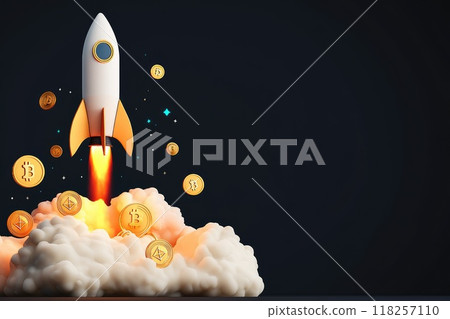 A rocket is launching into the sky with a pile of coins on the ground, Concept of business start up and growth A rocket is launching into the sky with a pile of coins on the ground, Concept of business start up and growth 118257110