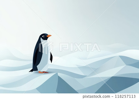 A penguin stands on a snowy surface, a cold and isolated feeling, as the penguin is alone in the vast white landscape A penguin stands on a snowy surface, a cold and isolated feeling, as the penguin is alone in the vast white landscape 118257113