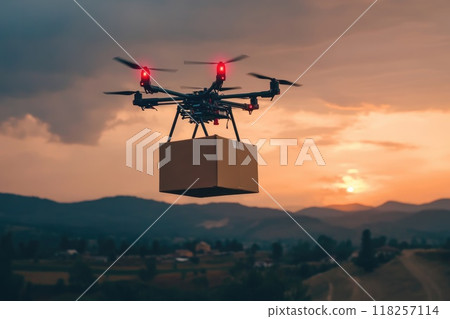 A drone is flying over a mountain range with a box attached to it A drone is flying over a mountain range with a box attached to it 118257114