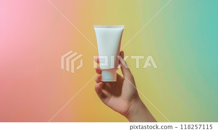 Elegant cream and body lotion promotion banner with white tube held by woman, Gradient background and soft lighting Elegant cream and body lotion promotion banner with white tube held by woman, Gradient background and soft lighting 118257115