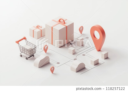 A white background with a shopping cart and a box with a red ribbon, Concept of delivery and logistics A white background with a shopping cart and a box with a red ribbon, Concept of delivery and logistics 118257122