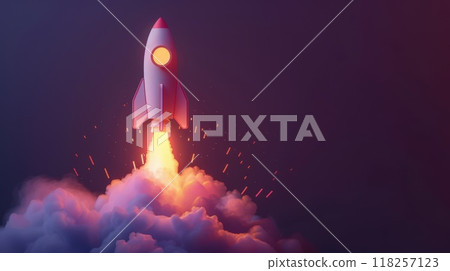 A rocket is flying through the sky with a bright orange trail behind it 118257123