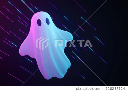 A translucent ghost floating in mid-air surrounded by a dark holographic background with neon purple and blue highlights A translucent ghost floating in mid-air surrounded by a dark holographic background with neon purple and blue highlights 118257124