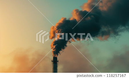 Industrial Pollution: Thick Black Smoke from Chimneys Against Sky Banner Industrial Pollution: Thick Black Smoke from Chimneys Against Sky Banner 118257167
