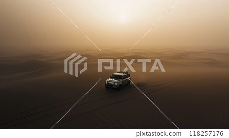 A silver car is driving through a desert 118257176