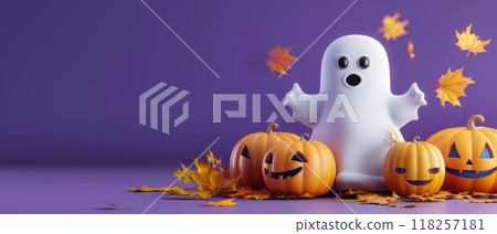 A Halloween scene with a ghost and pumpkins A Halloween scene with a ghost and pumpkins 118257181