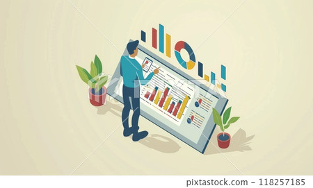 Modern Businessman Analyzing Financial Graphs on Digital Tablet - Concept of Business Growth, Investment Success, and Technology in Isometric Illustration with Copy Space 118257185