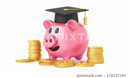 Pink piggy bank with graduation cap and gold coins on white background 118257204