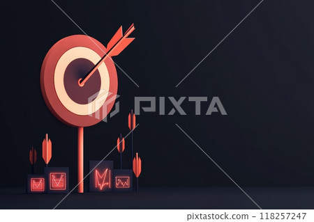 A red target with an arrow pointing to it is surrounded by a series of red cubes, Concept of business goal 118257247