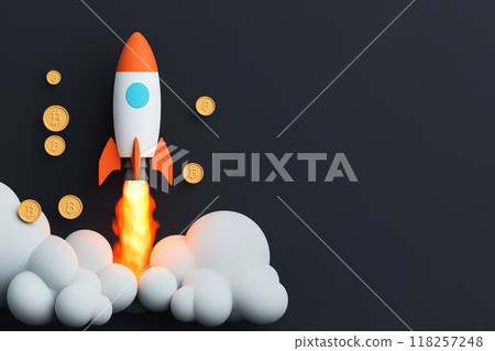 A rocket is flying through the sky with a bunch of coins, Concept of business start up and growth 118257248