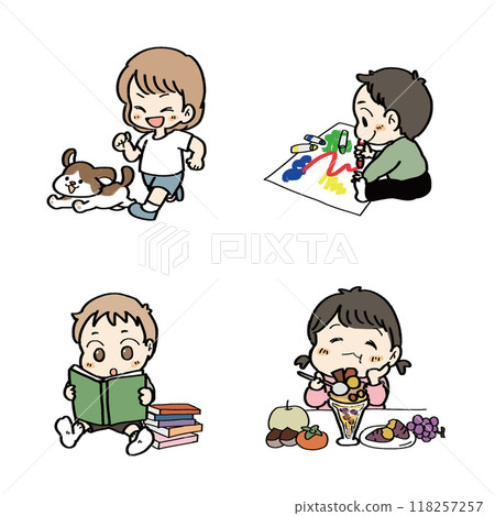 Autumn is the season for sports, reading, art, and appetite. Children's illustration set 118257257