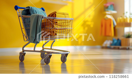 Shopping cart is brimming with stylish clothing items 118258661
