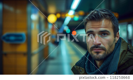 Handsome man stands alone, yet surrounded by the hustle and bustle of the city 118258668