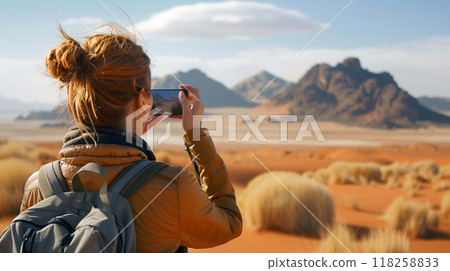 Female traveler immortalizing the grandeur of a desert mountain vista in her photograph 118258833